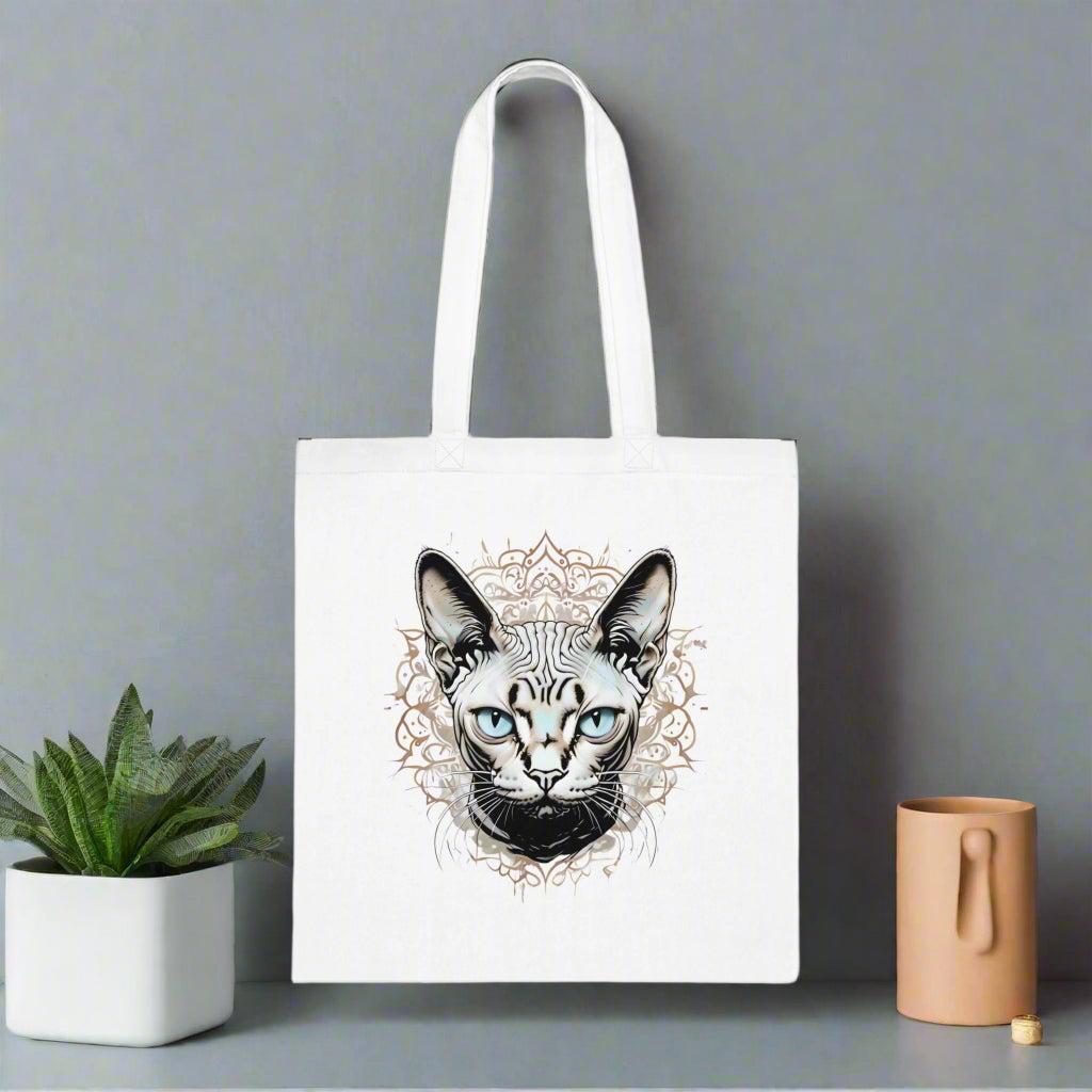 Sphynx cat canvas tote bag – detailed graphic on white canvas