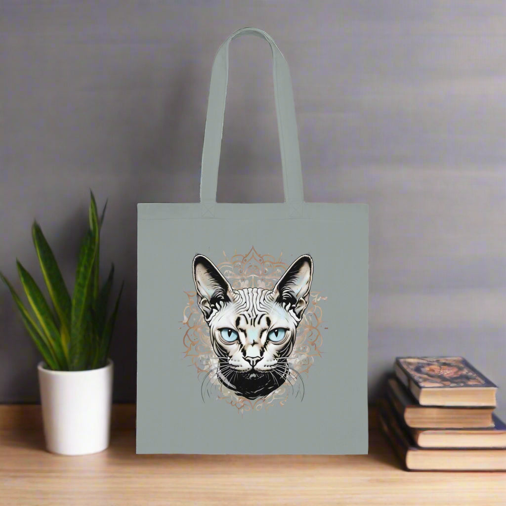 Grey canvas tote with Sphynx cat illustration – reusable eco-friendly bag