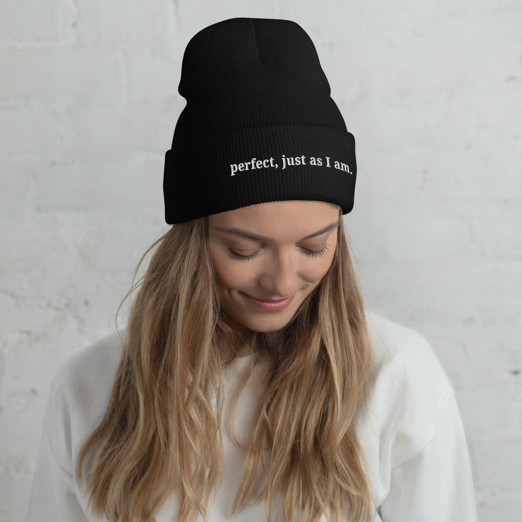 Perfect, Just As I Am embroidered beanie by Nyxhera Creations, black knit hat with white front embroidery