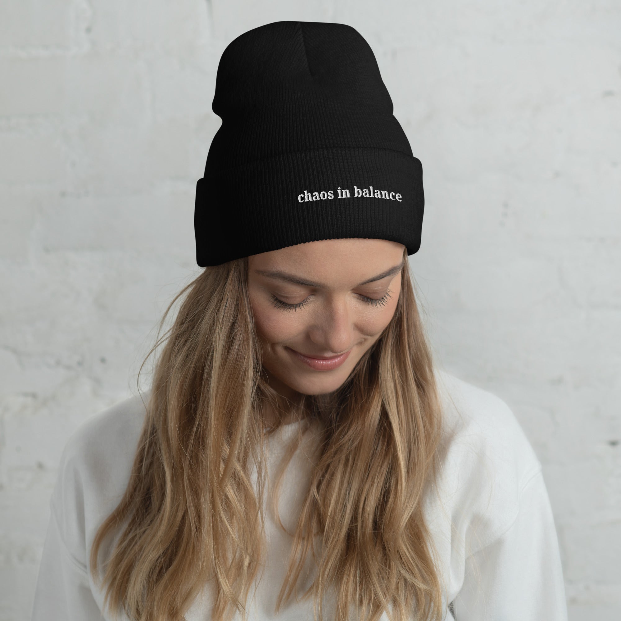 Chaos in Balance embroidered beanie by Nyxhera Creations, black knit hat with white front embroidery
