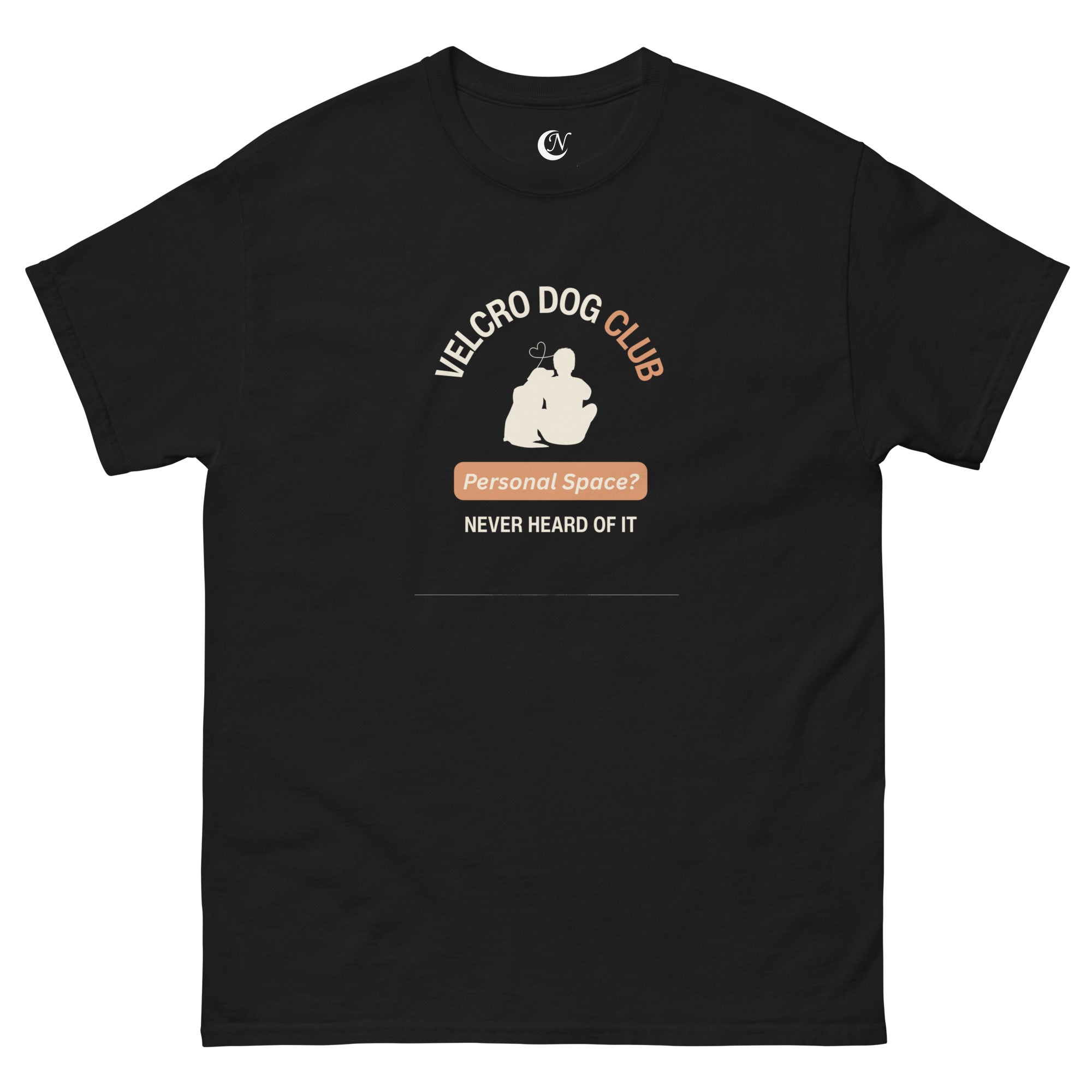 Close-up of bold Velcro Dog Club graphic on men’s cotton t-shirt