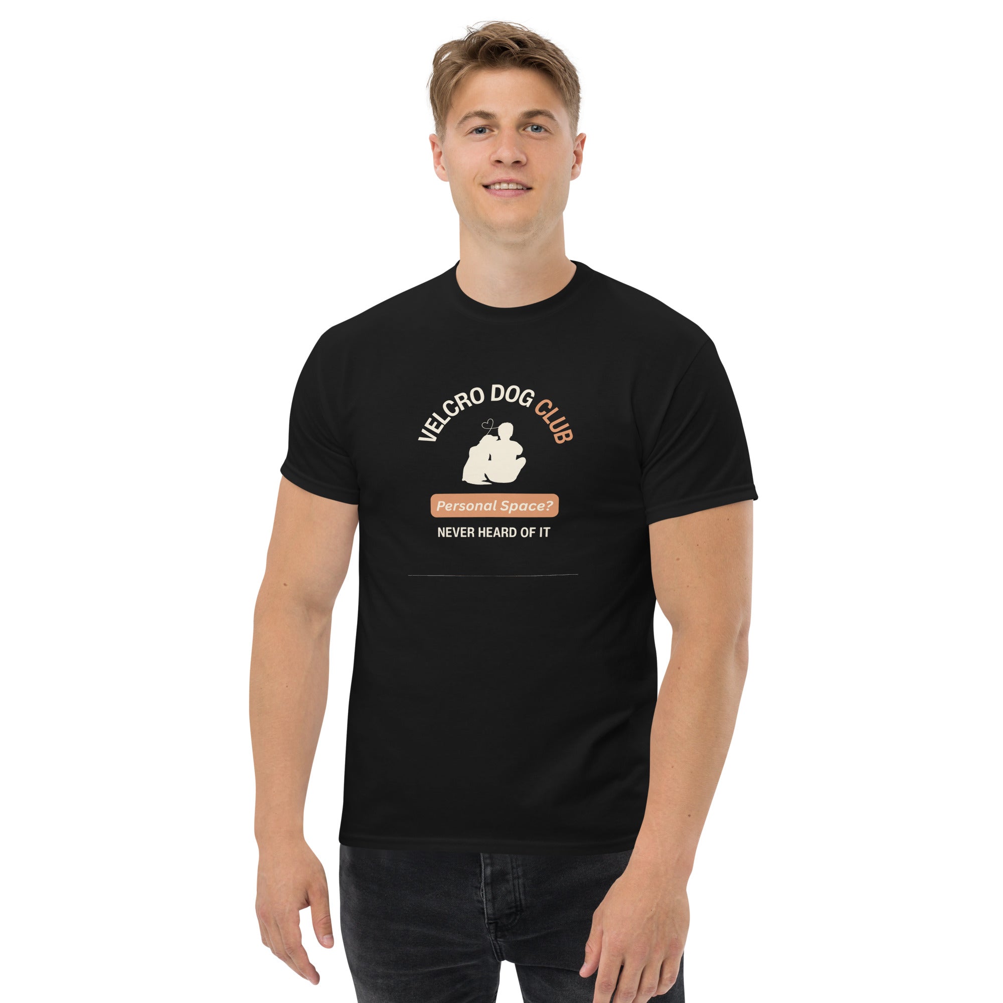 Front view of men’s Velcro Dog Club t-shirt in black on male model