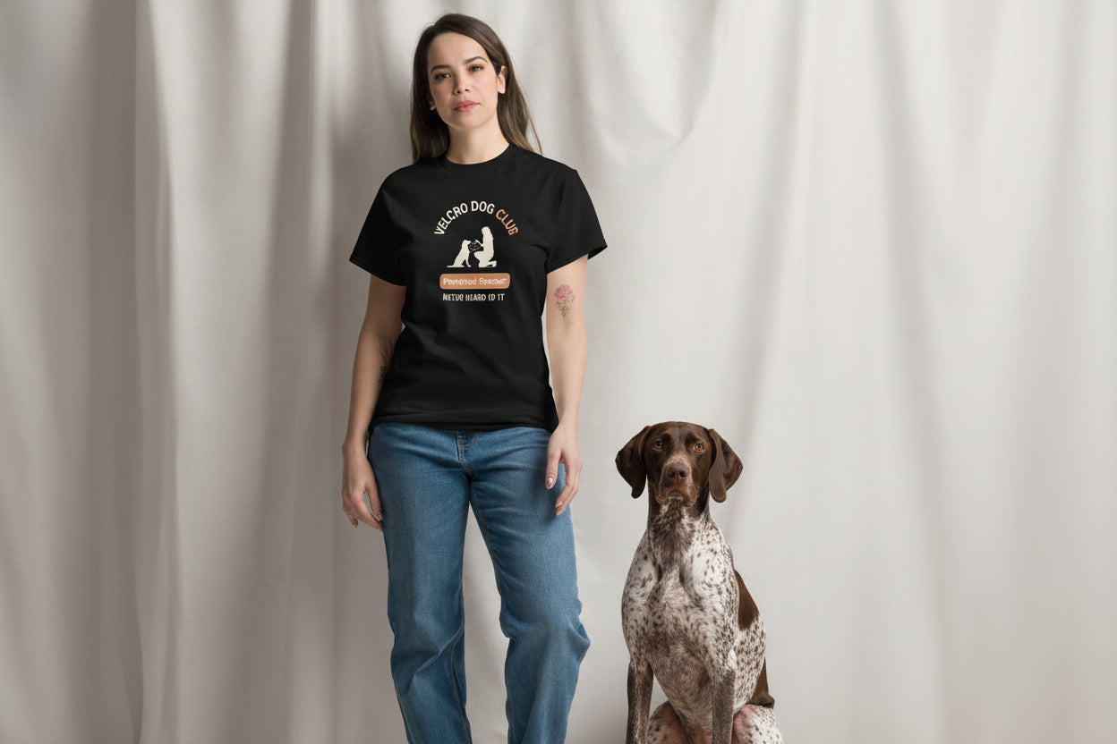 Velcro Dogs Club women’s crew neck T-shirt in black, breathable everyday dog lover clothing