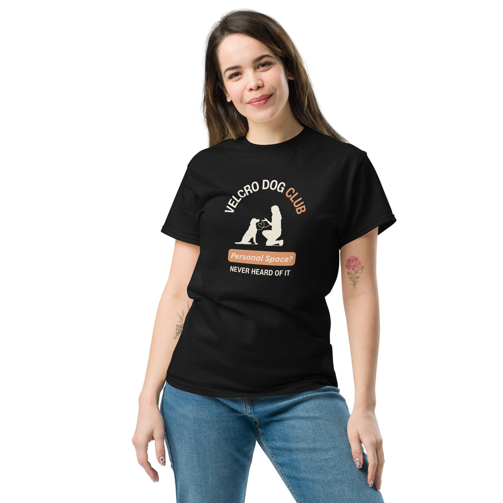 Women’s Gildan T-shirt in black with Velcro Dogs Club design — lightweight dog mum tee