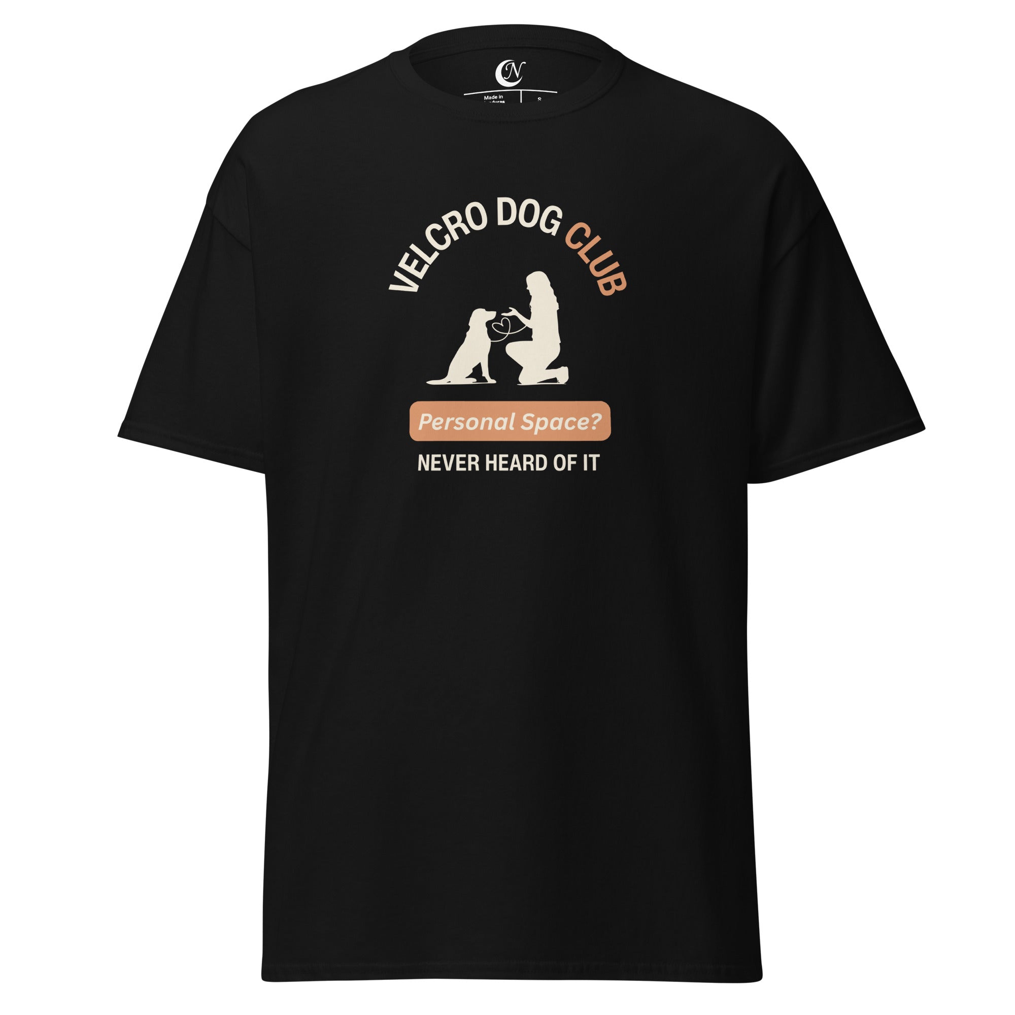 Velcro Dogs Club printed graphic on women’s cotton black T-shirt — funny dog mum top
