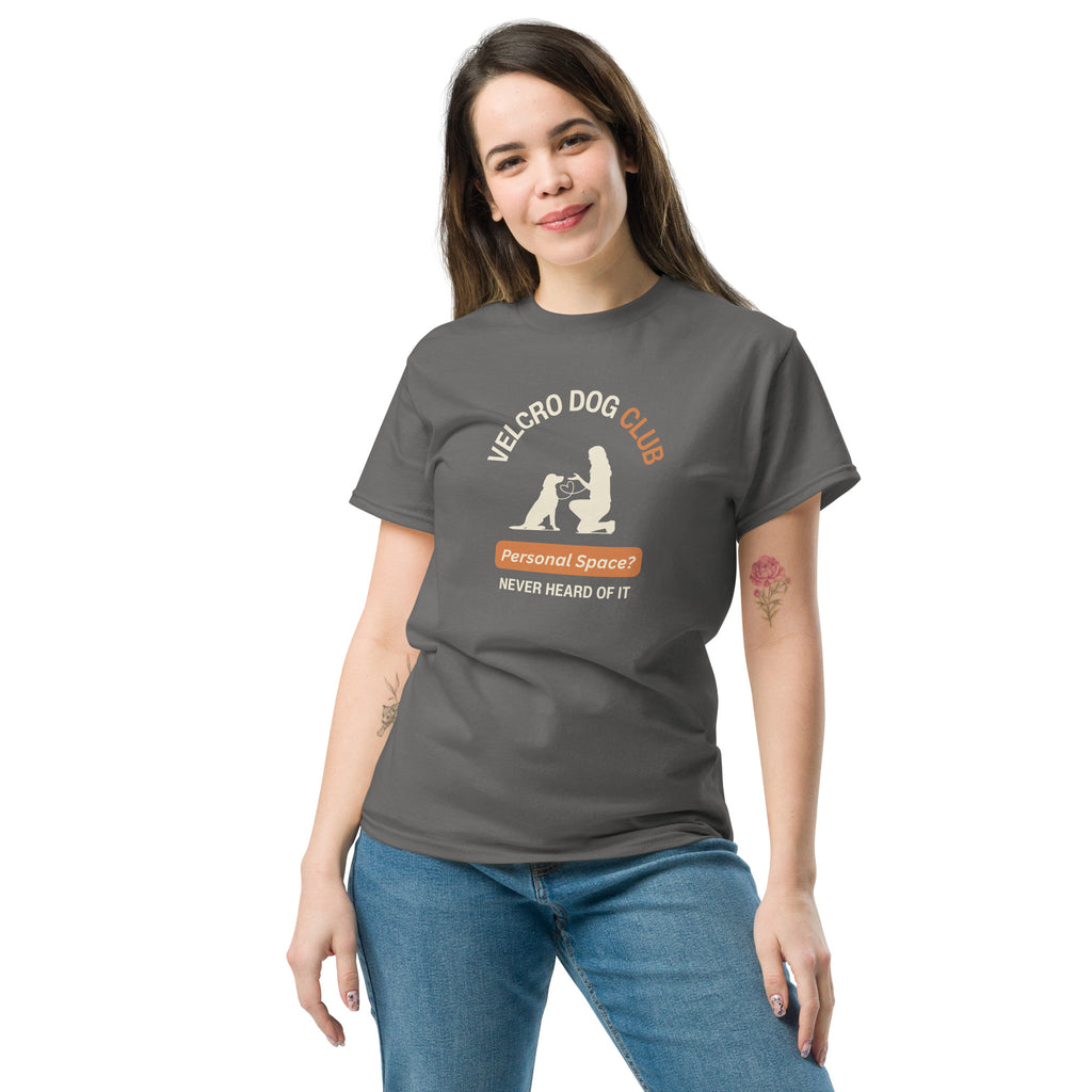 Velcro Dogs Club women’s crew neck charcoal T-shirt, breathable everyday dog lover clothing