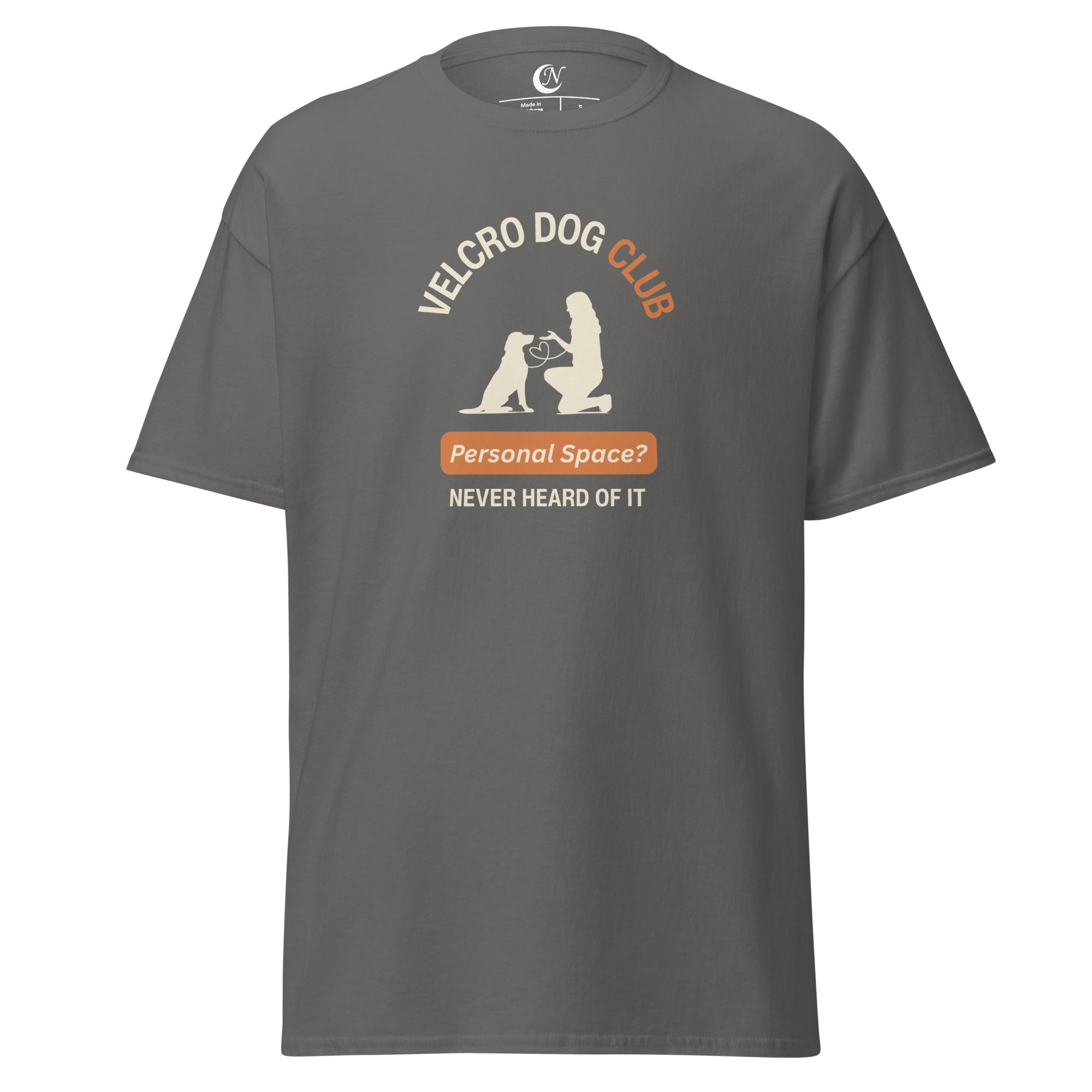 Velcro Dogs Club printed graphic on women’s cotton charcoal T-shirt — funny dog mum top