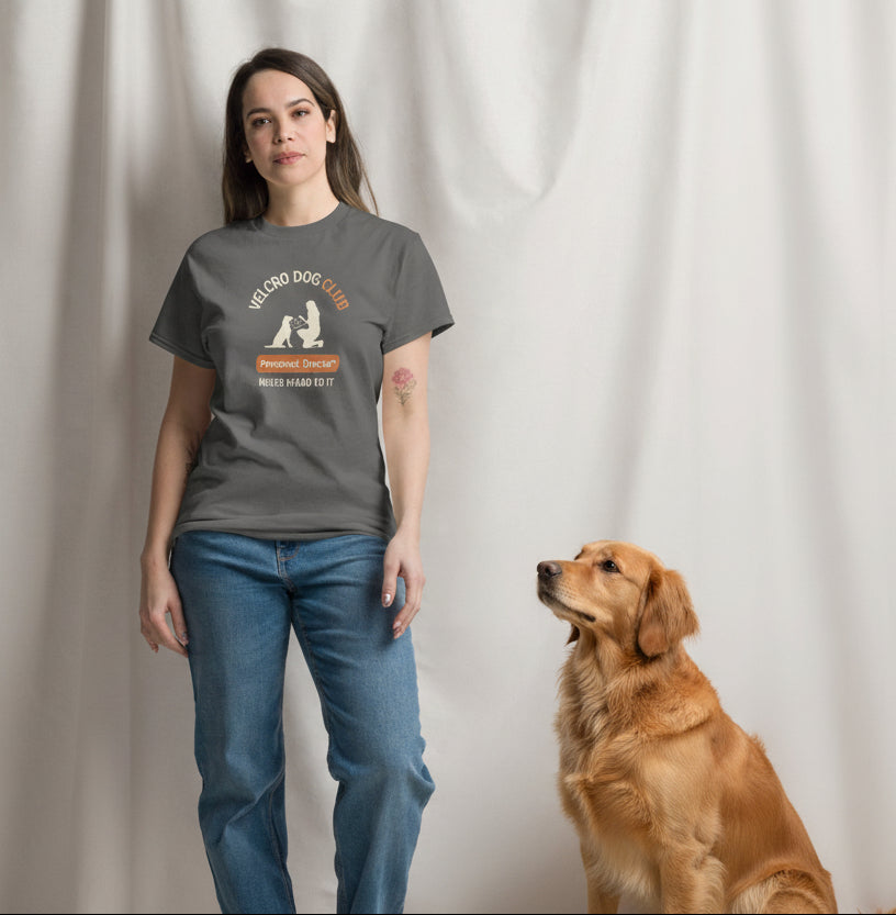 Velcro Dogs Club printed graphic on women’s cotton T-shirt in charcoal— funny dog mum top