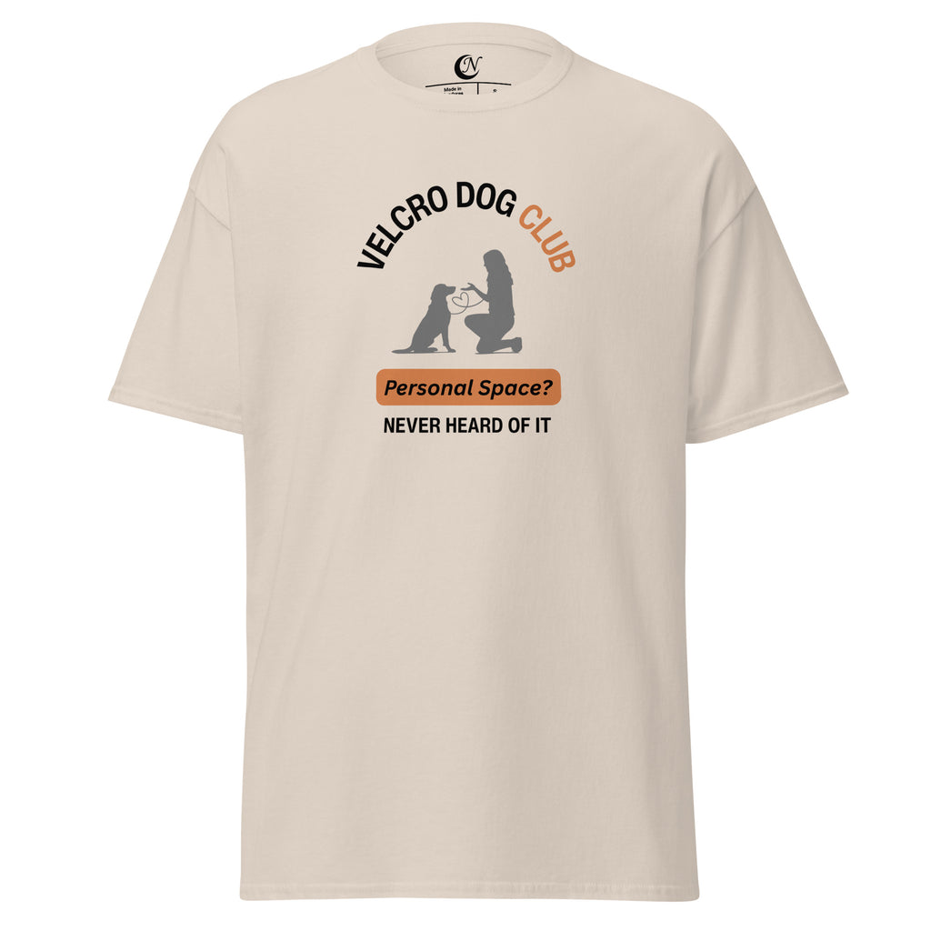 Velcro Dogs Club printed graphic on women’s cotton T-shirt in natural — funny dog mum top
