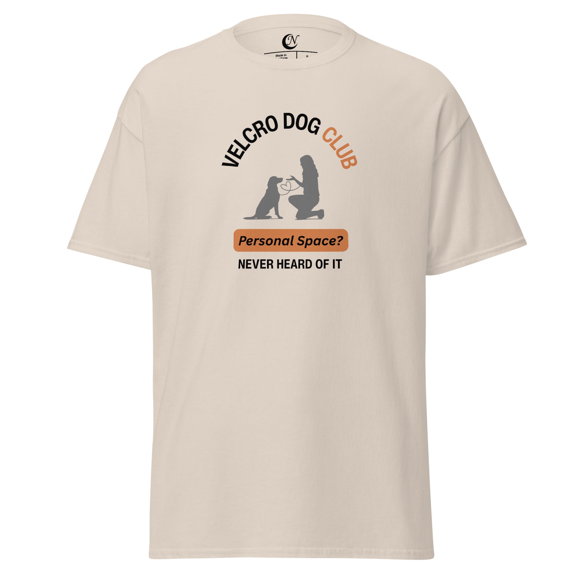 Velcro Dogs Club printed graphic on women’s cotton T-shirt in natural — funny dog mum top