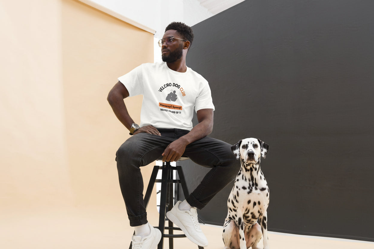 Male model wearing Velcro Dog Club tee, casual outfit with jeans