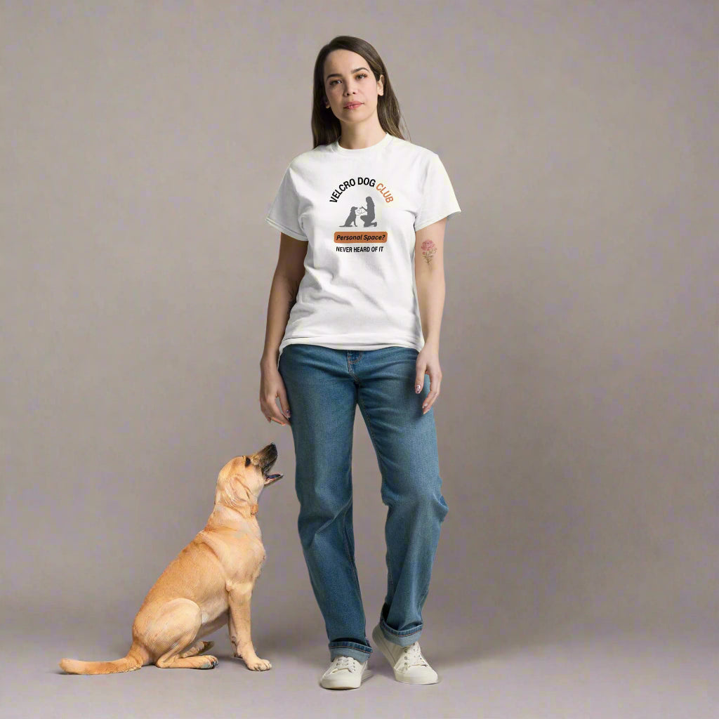 Dog mum wearing Velcro Dogs Club Gildan T-shirt with her pup — casual dog-themed apparel