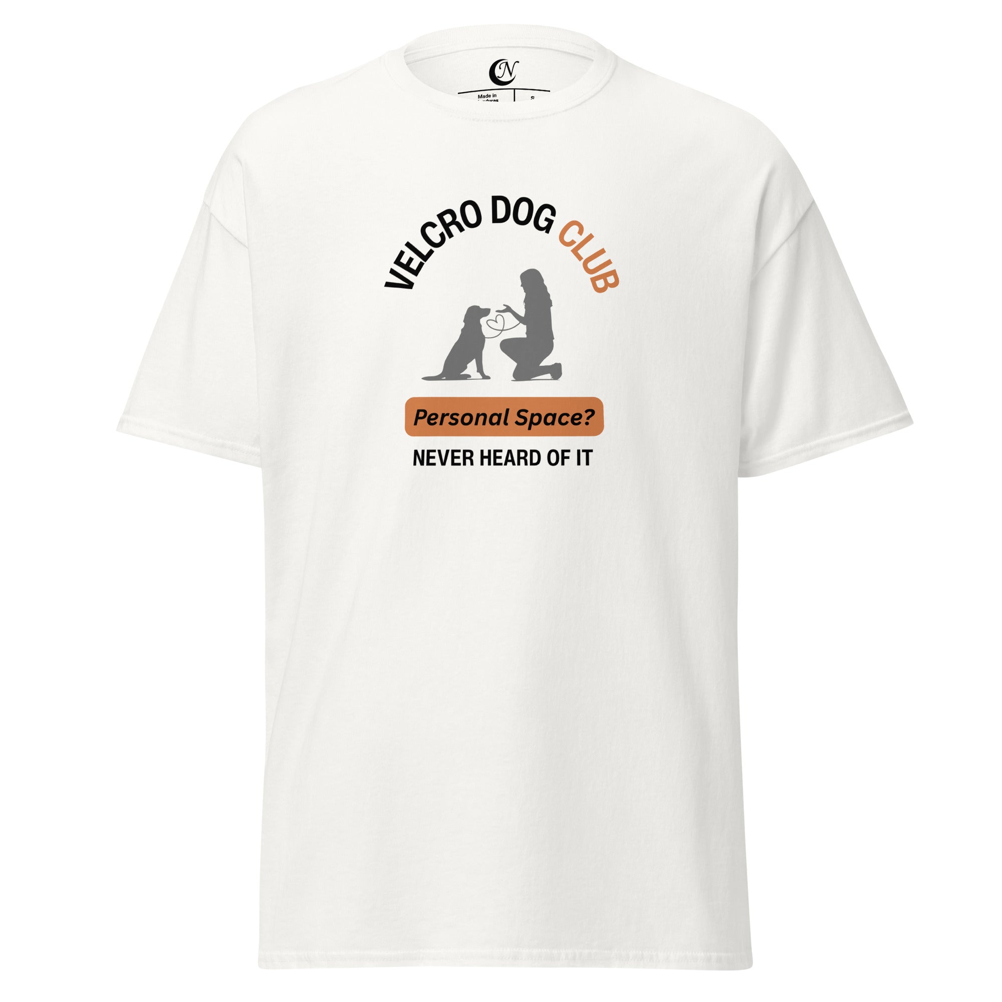 Velcro Dogs Club printed graphic on women’s white cotton T-shirt — funny dog mum top