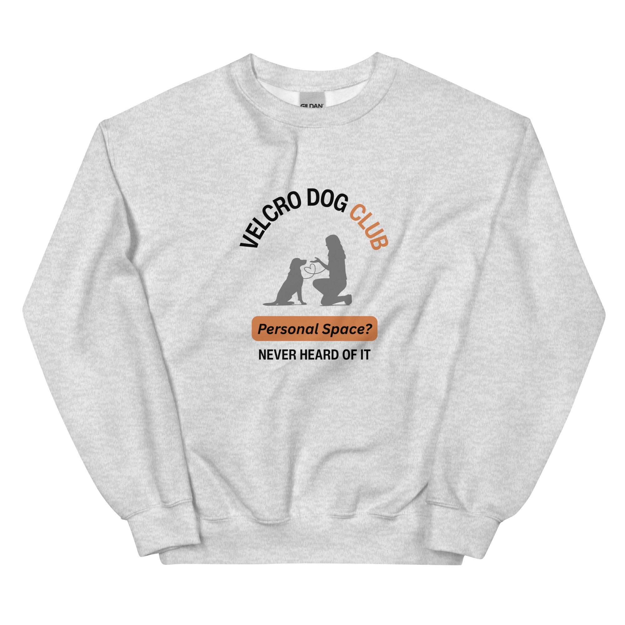 Women’s Gildan crewneck sweatshirt in ash grey with Velcro Dogs Club graphic design — cosy dog mum apparel