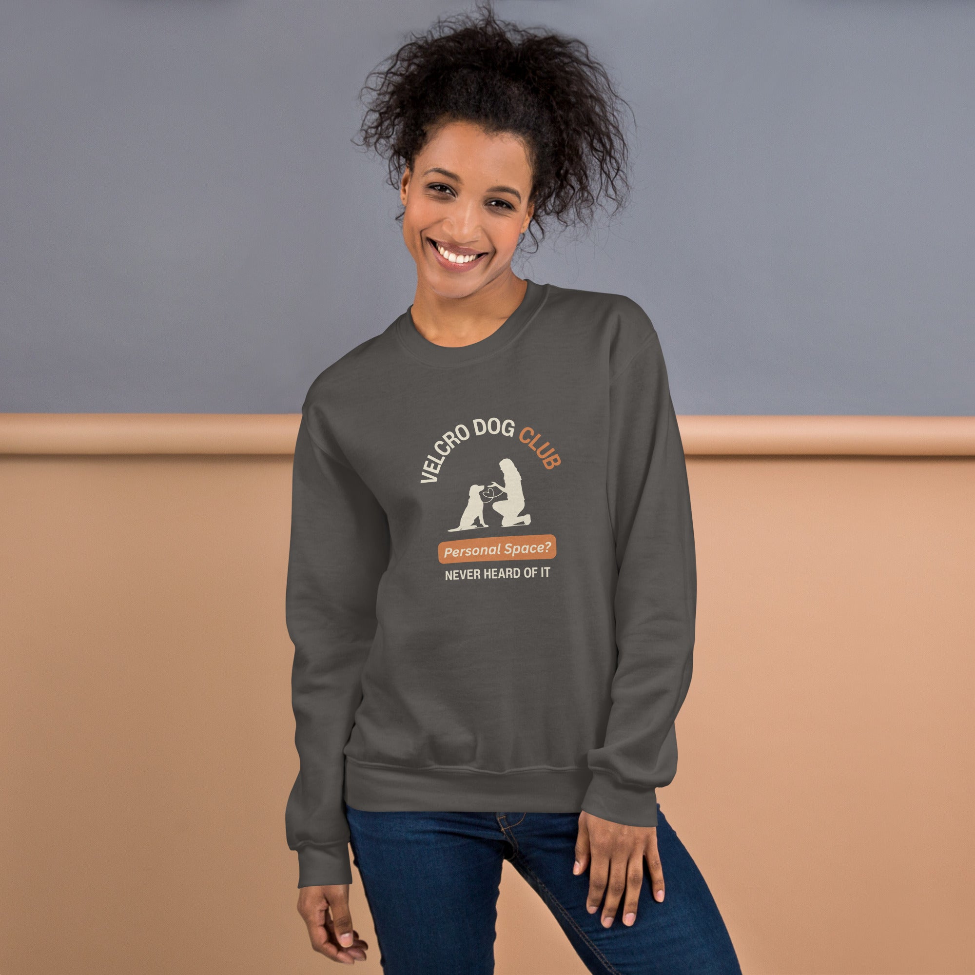 Velcro Dogs Club women’s crewneck sweatshirt, casual dog lover clothing for everyday wear