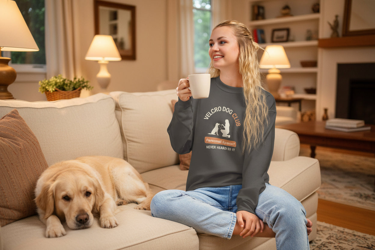 Dog mom wearing Velcro Dogs Club Gildan sweatshirt with her pup — cozy dog themed clothing