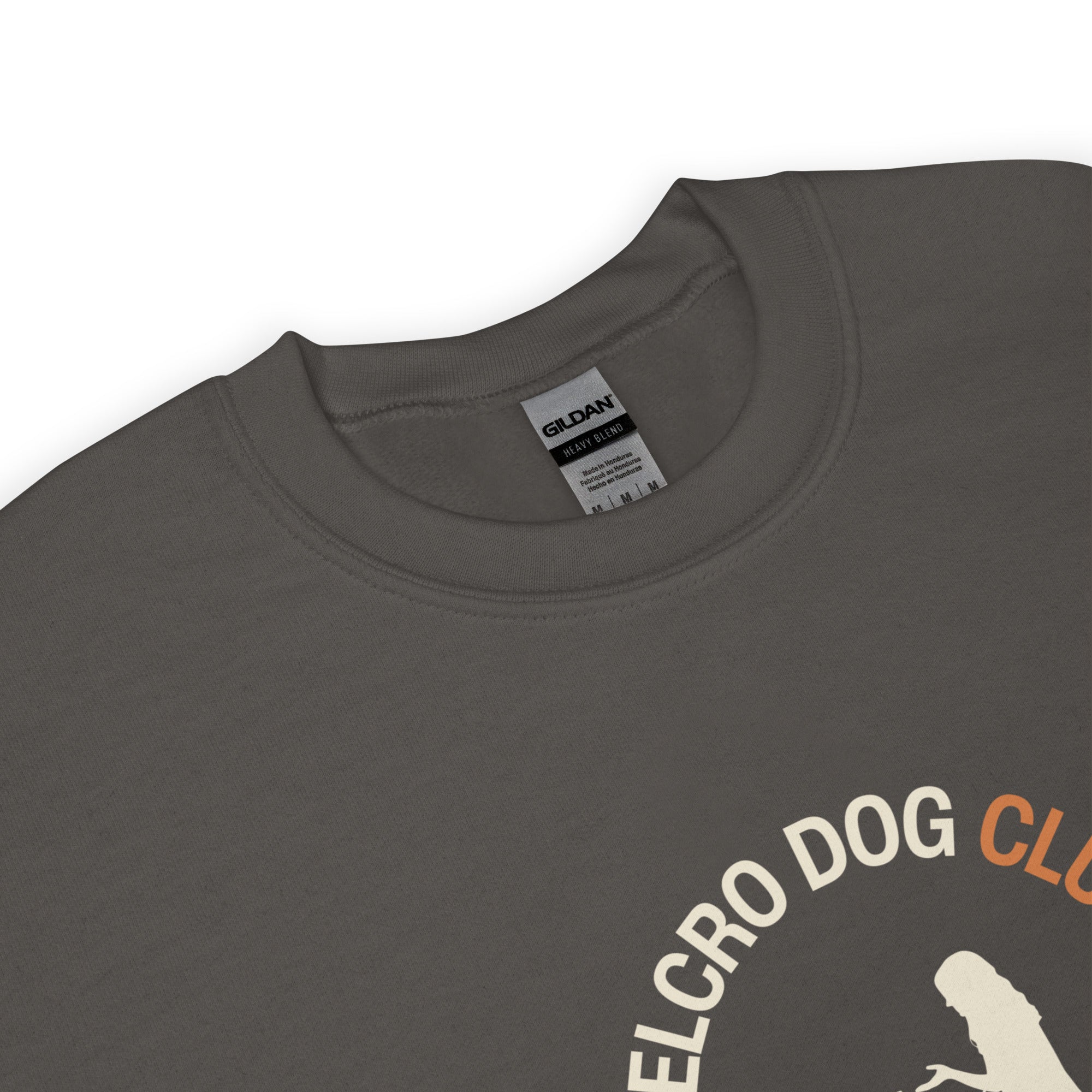 Gray t-shirt with 'Velcro Dog Club' text and logo on a white background