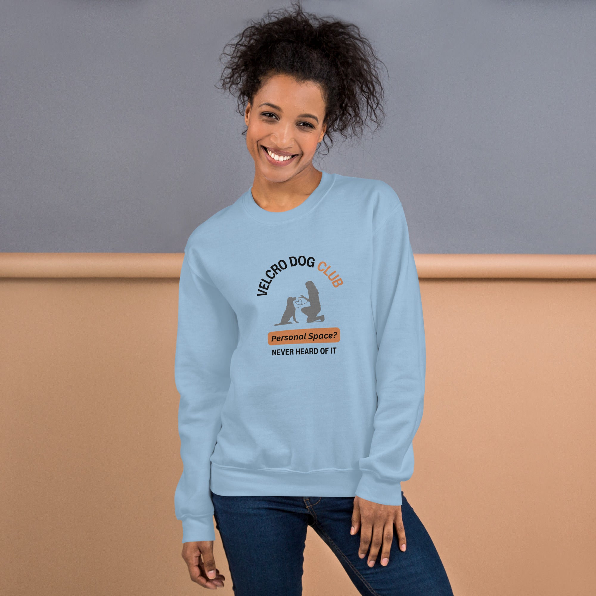 Velcro Dogs Club women’s crewneck sweatshirt, casual dog lover clothing for everyday wear