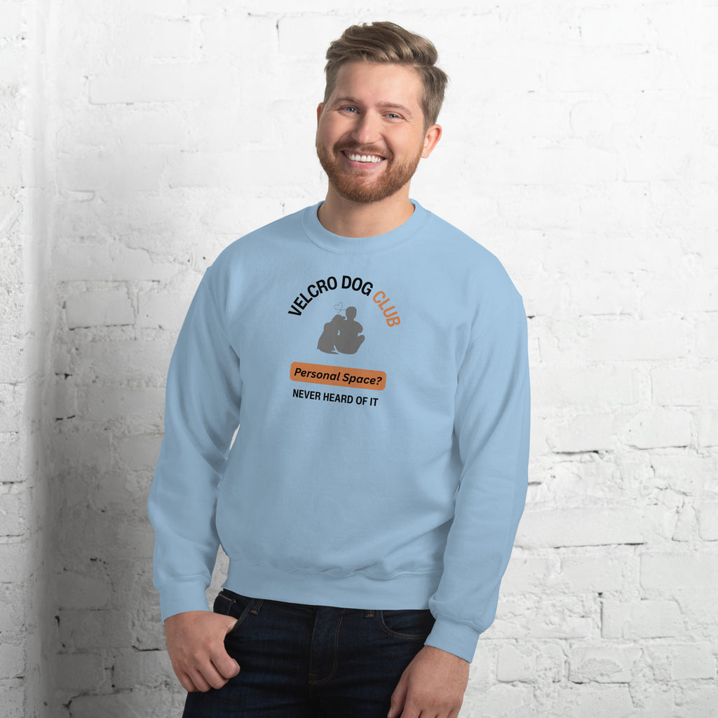 Man wearing Velcro Dog Club Gildan sweatshirt