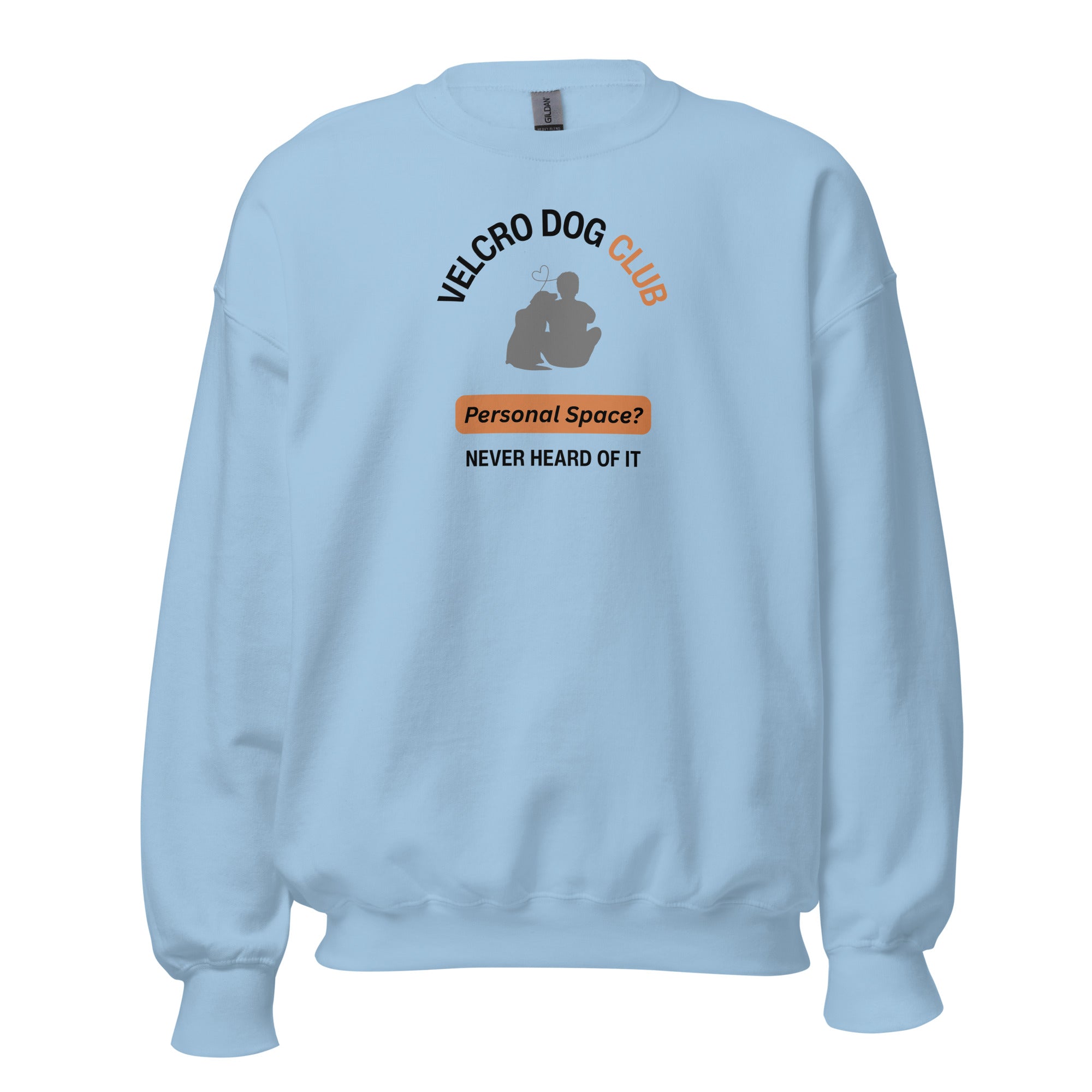 Light blue sweatshirt with Velcro Dog Club graphic on a white background