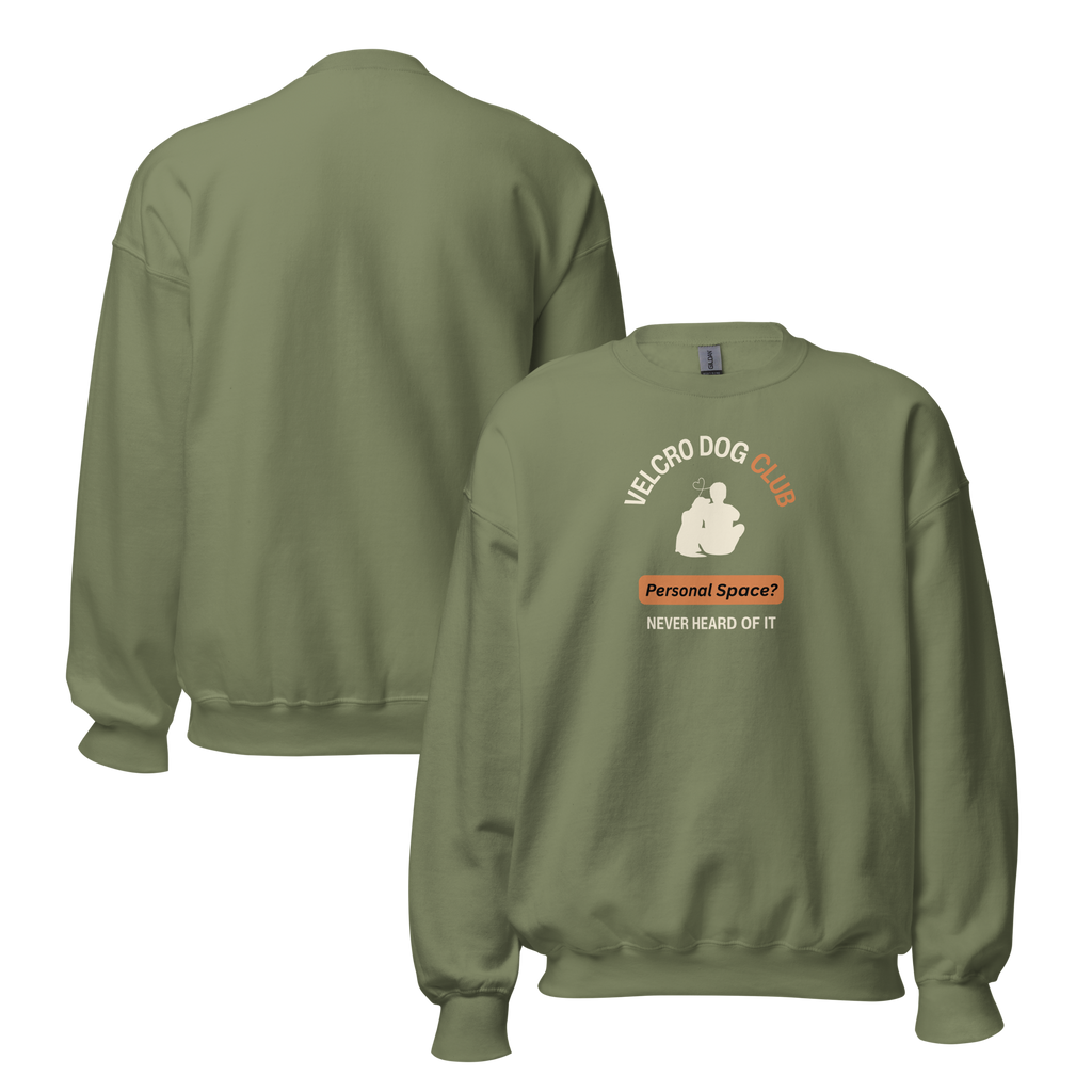 Green sweatshirt with graphic design on the front, displayed from front and back views.
