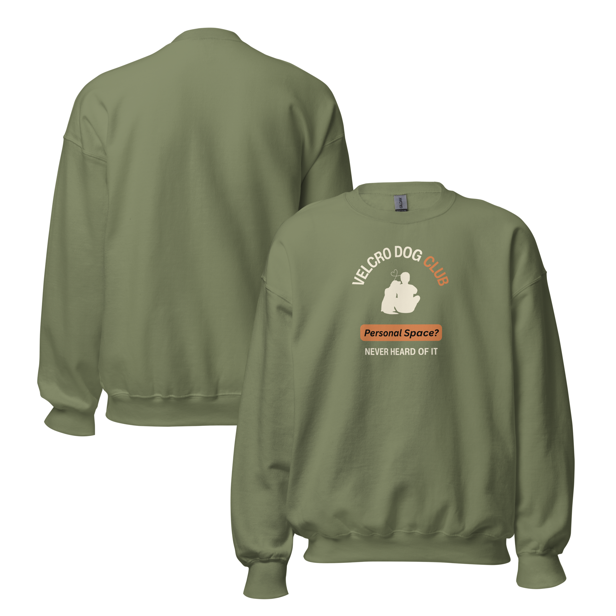 Green sweatshirt with graphic design on the front, displayed from front and back views.