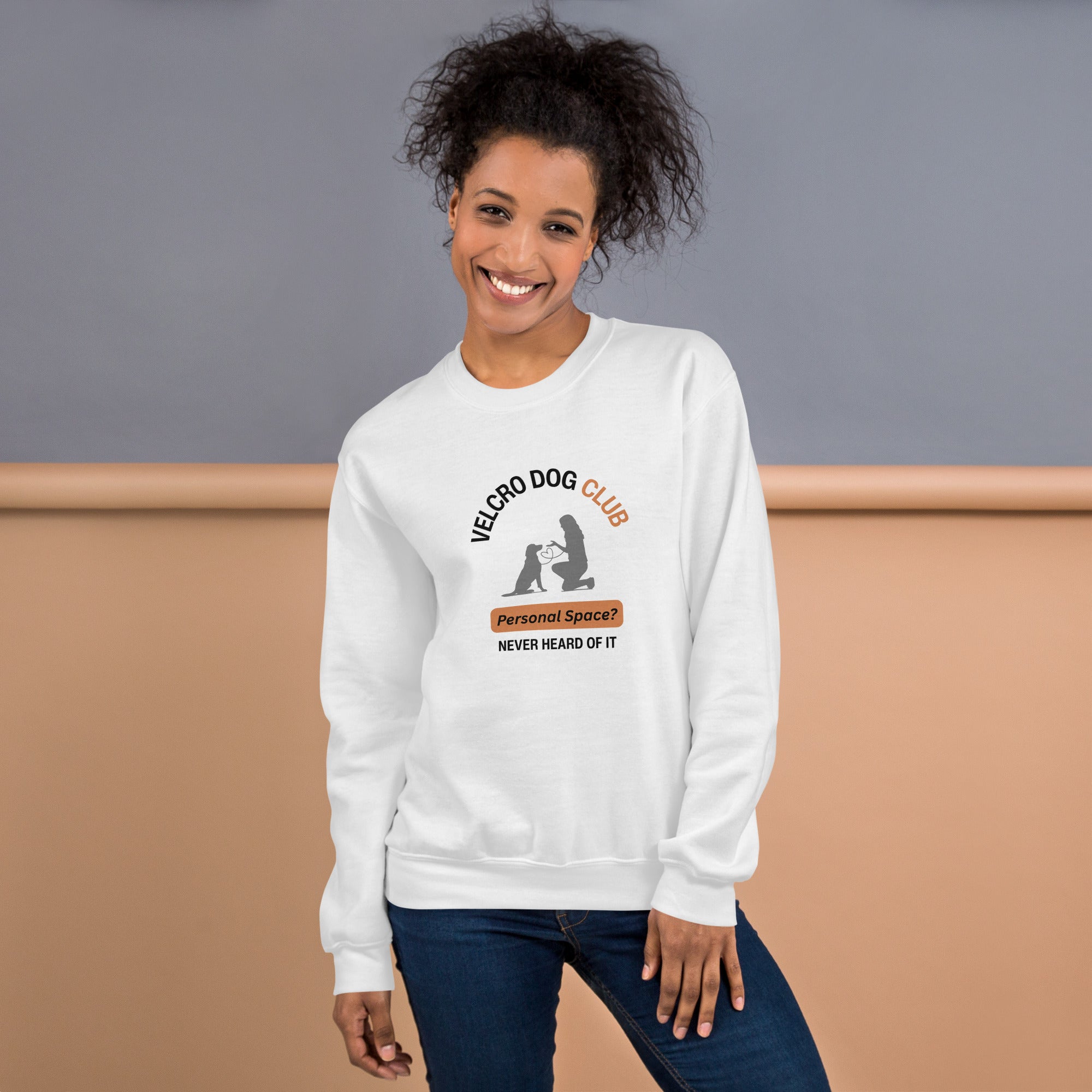 Women’s Gildan crewneck sweatshirt in white with Velcro Dogs Club graphic design — cosy dog mum apparel