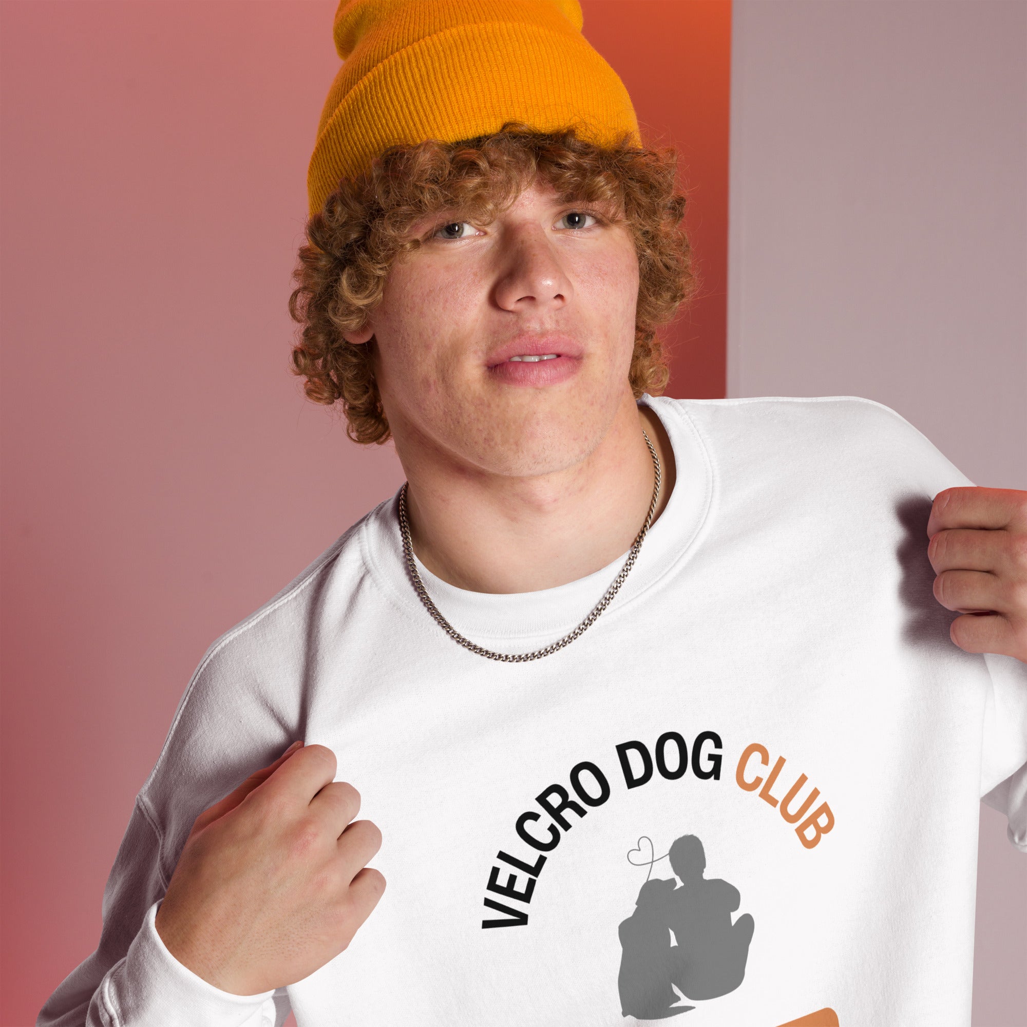 Man wearing Velcro Dog Club Gildan sweatshirt in white