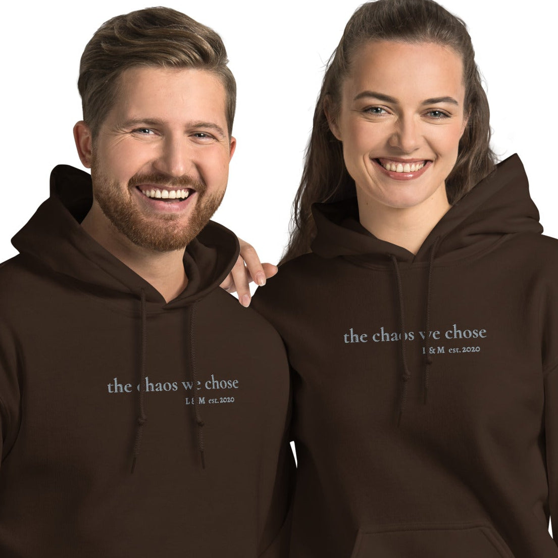 Matching embroidered couple hoodies with personalised initials — perfect engagement, anniversary, or Valentine’s Day gift