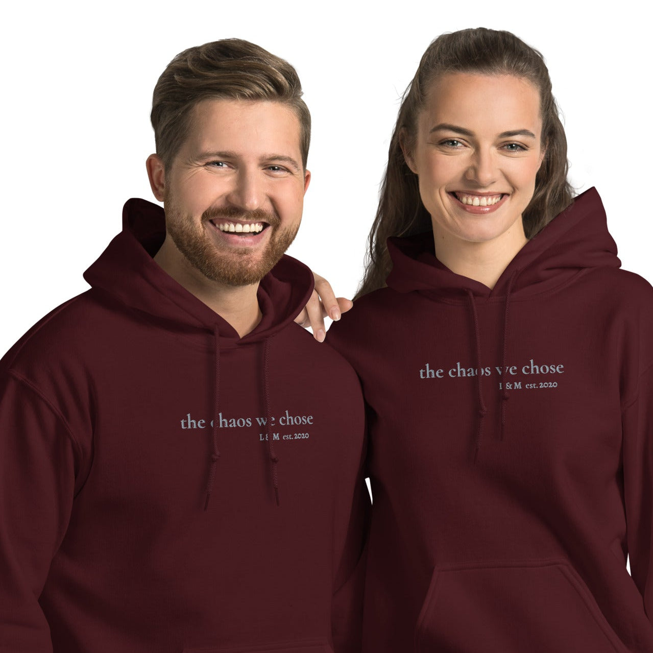 Matching embroidered couple hoodies with personalised initials — perfect engagement, anniversary, or Valentine’s Day gift