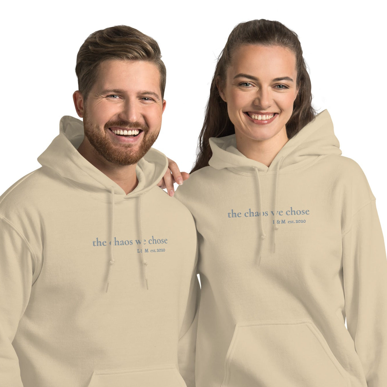 Matching embroidered couple hoodies with personalised initials — perfect engagement, anniversary, or Valentine’s Day gift