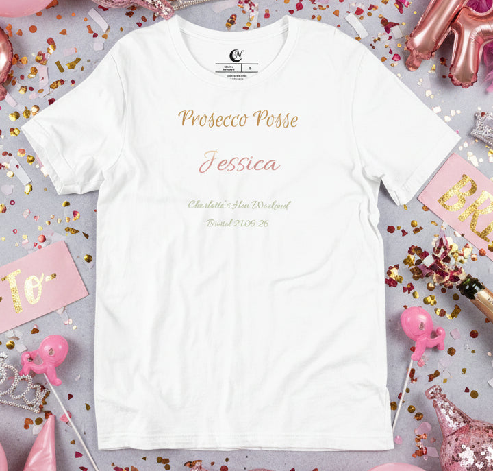 White t-shirt with 'Prosecco Posse Jessica' personalised text on a celebratory background with pink balloons and confetti.