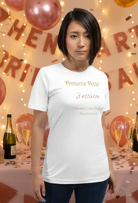White “Prosecco Posse” bridal party t-shirt with personalised name, styled to match the bride’s hen party tee.