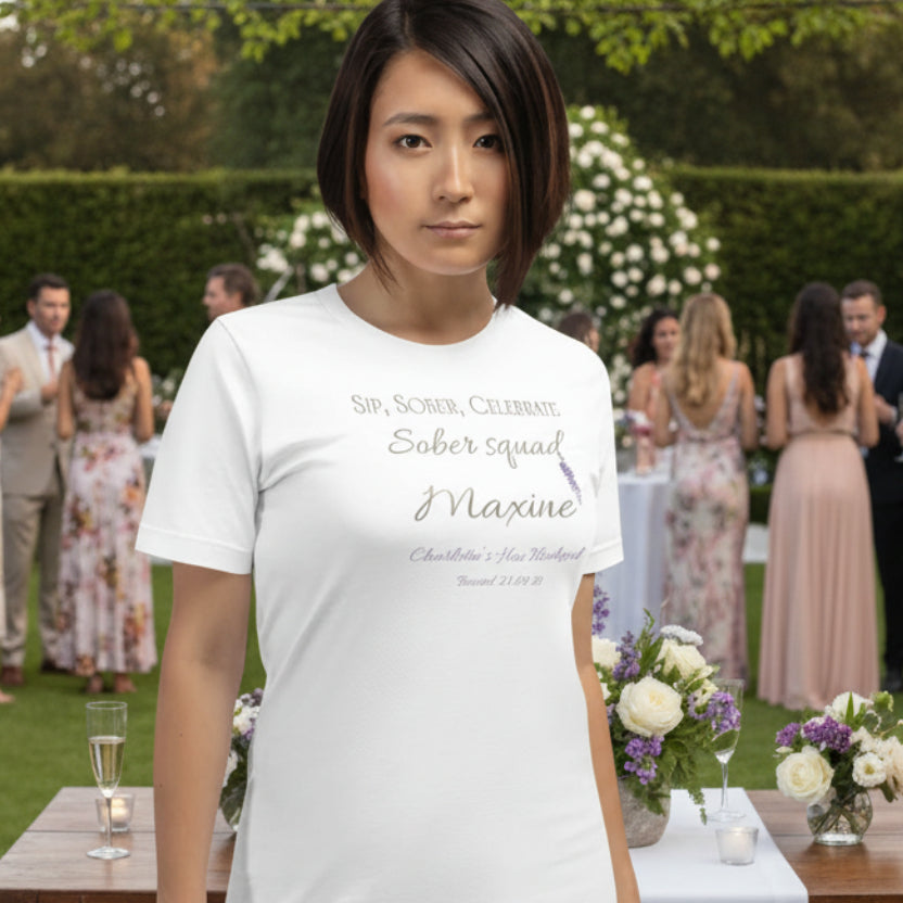 White “Sober Squad” bridal party t-shirt with personalised name and wisteria detail, styled for a sober hen weekend