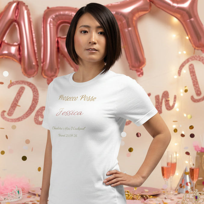 White “Prosecco Posse” bridal party t-shirt with personalised name, styled to match the bride’s hen party tee.