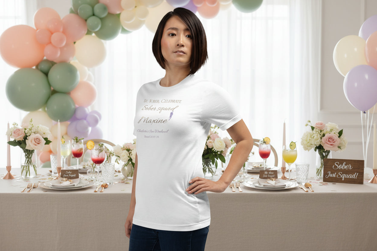 White “Sober Squad” bridal party t-shirt with personalised name and wisteria detail, styled for a sober hen weekend