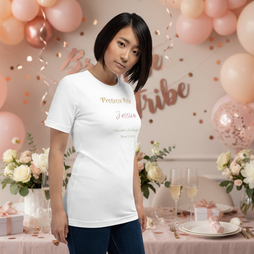 White “Prosecco Posse” bridal party t-shirt with personalised name, styled to match the bride’s hen party tee.