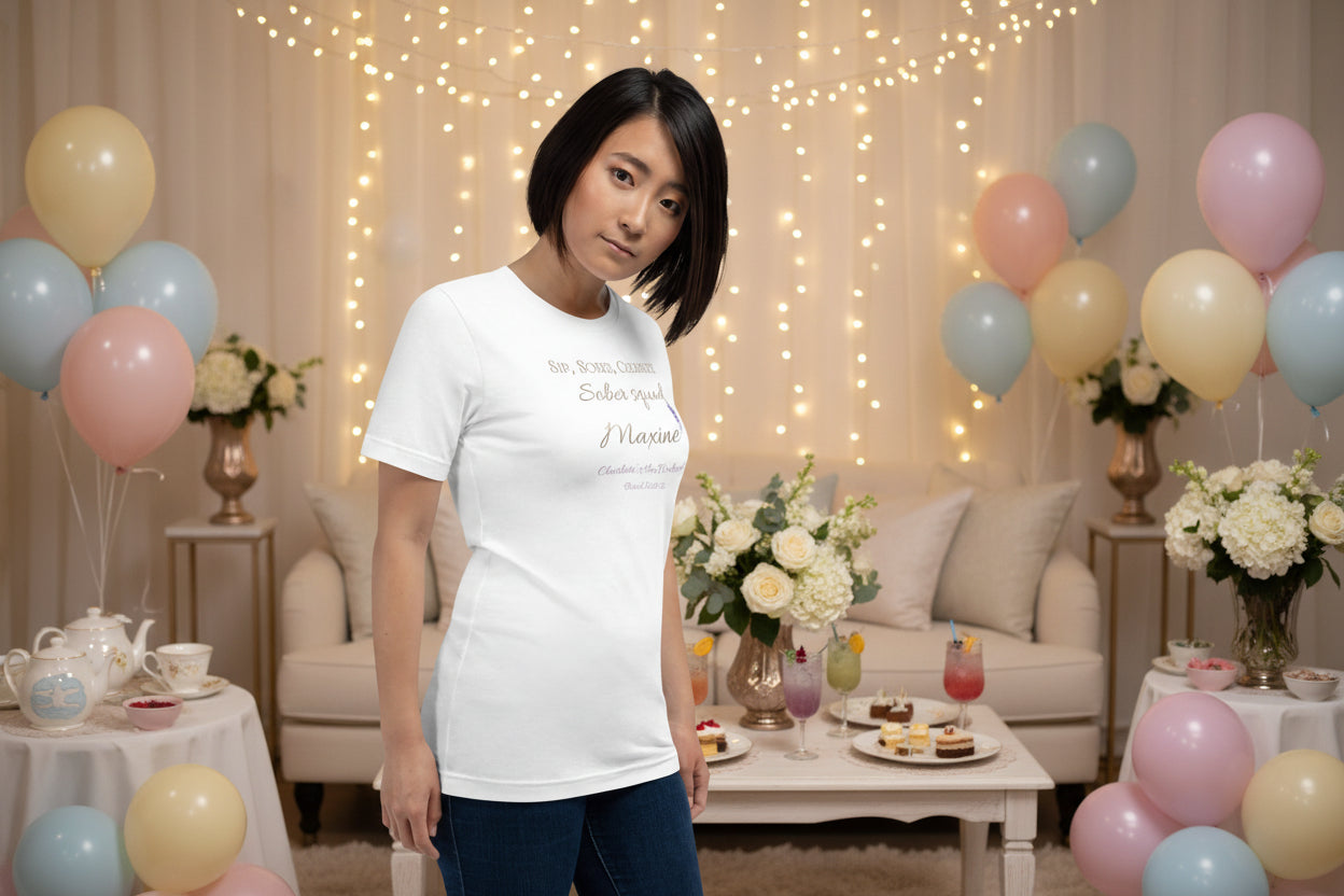 White “Sober Squad” bridal party t-shirt with personalised name and wisteria detail, styled for a sober hen weekend