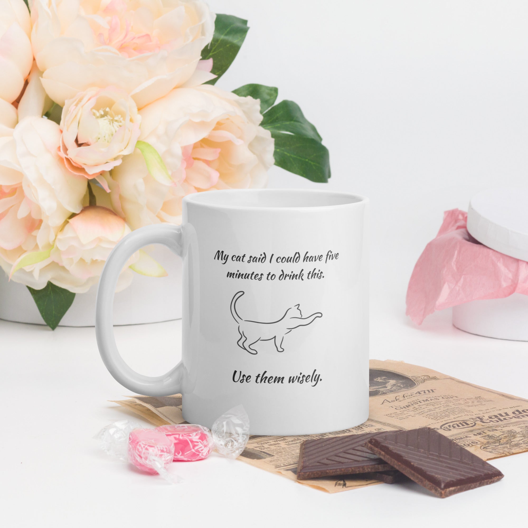 White ceramic mug with “My Cat Said I Could Have 5 Minutes” text and line-art cat, 11oz size