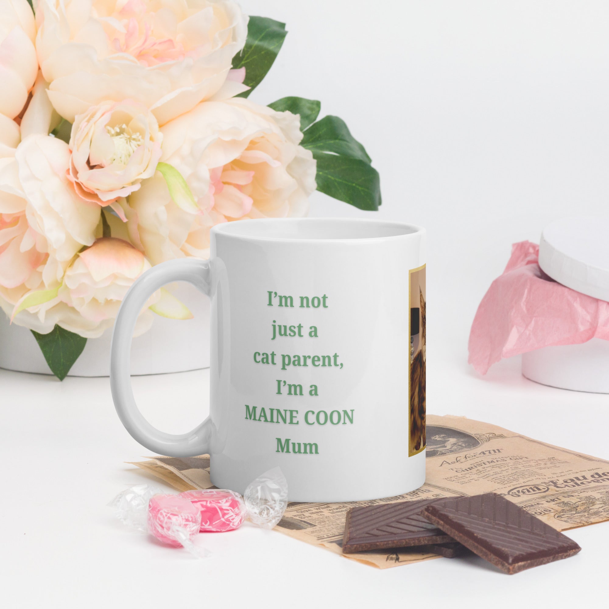 Custom mug displaying “Cat Mum” in green text, a personalised cat photo with a gold border, and the cat breed 