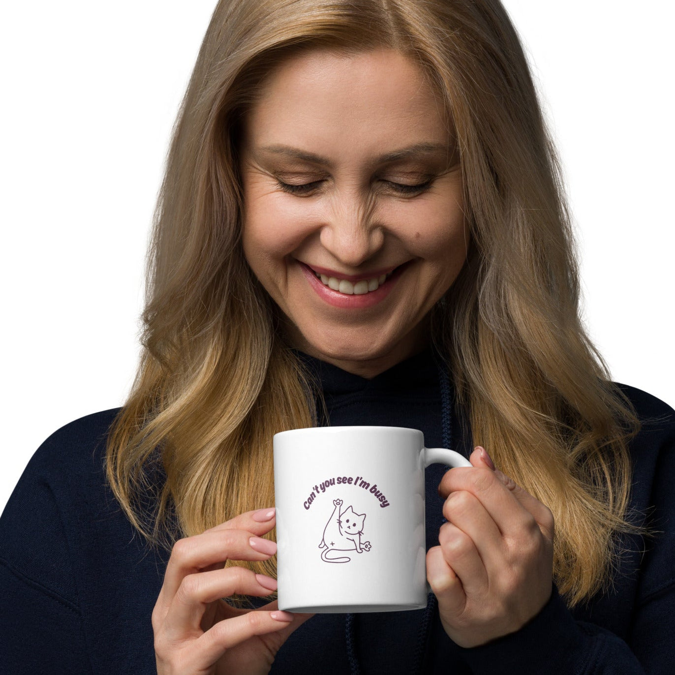 Woman holding White ceramic mug with “Can’t You See I’m Busy” text and cat illustration, 11oz size