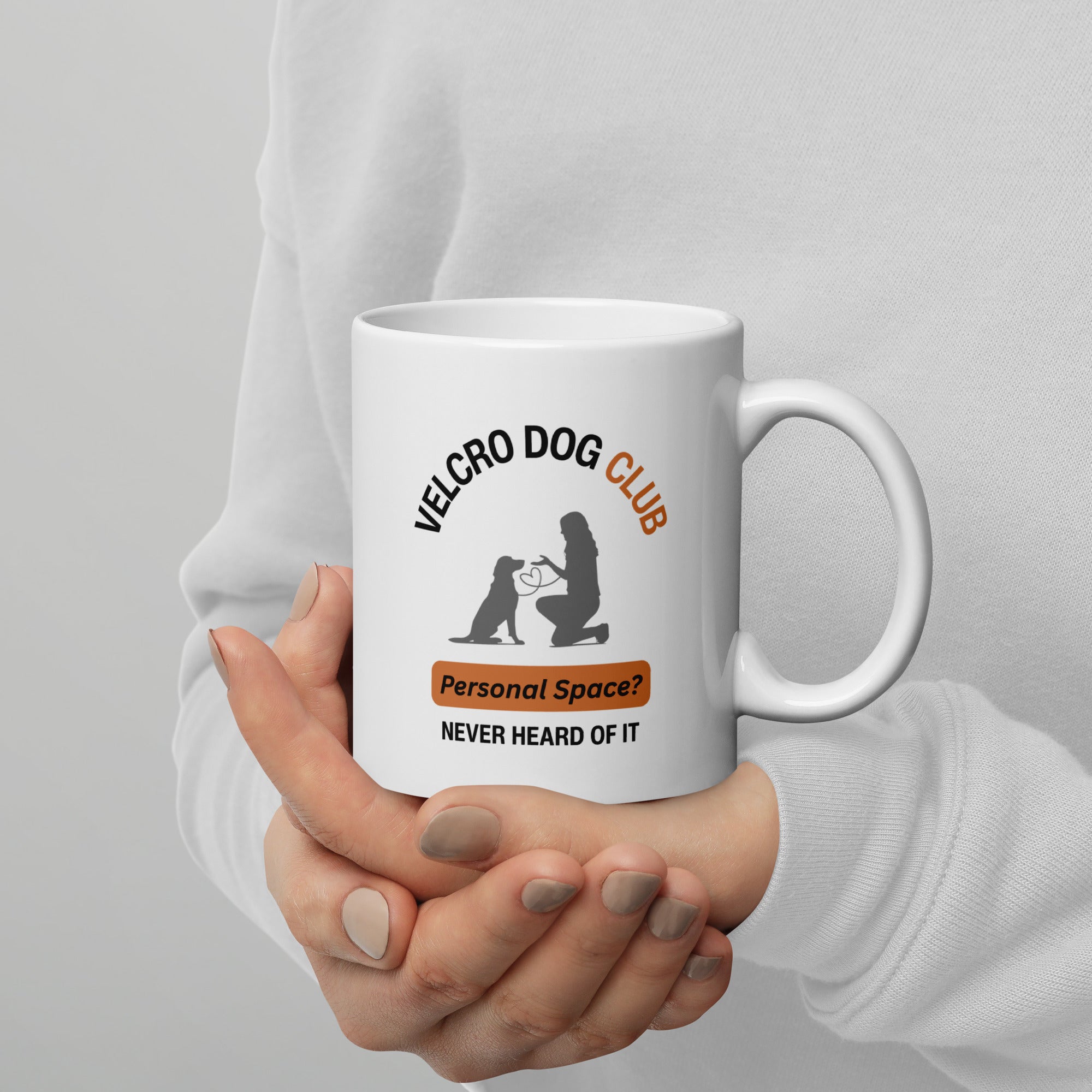 White ceramic mug with “Velcro Dog Club” text and dog graphic, 11oz size