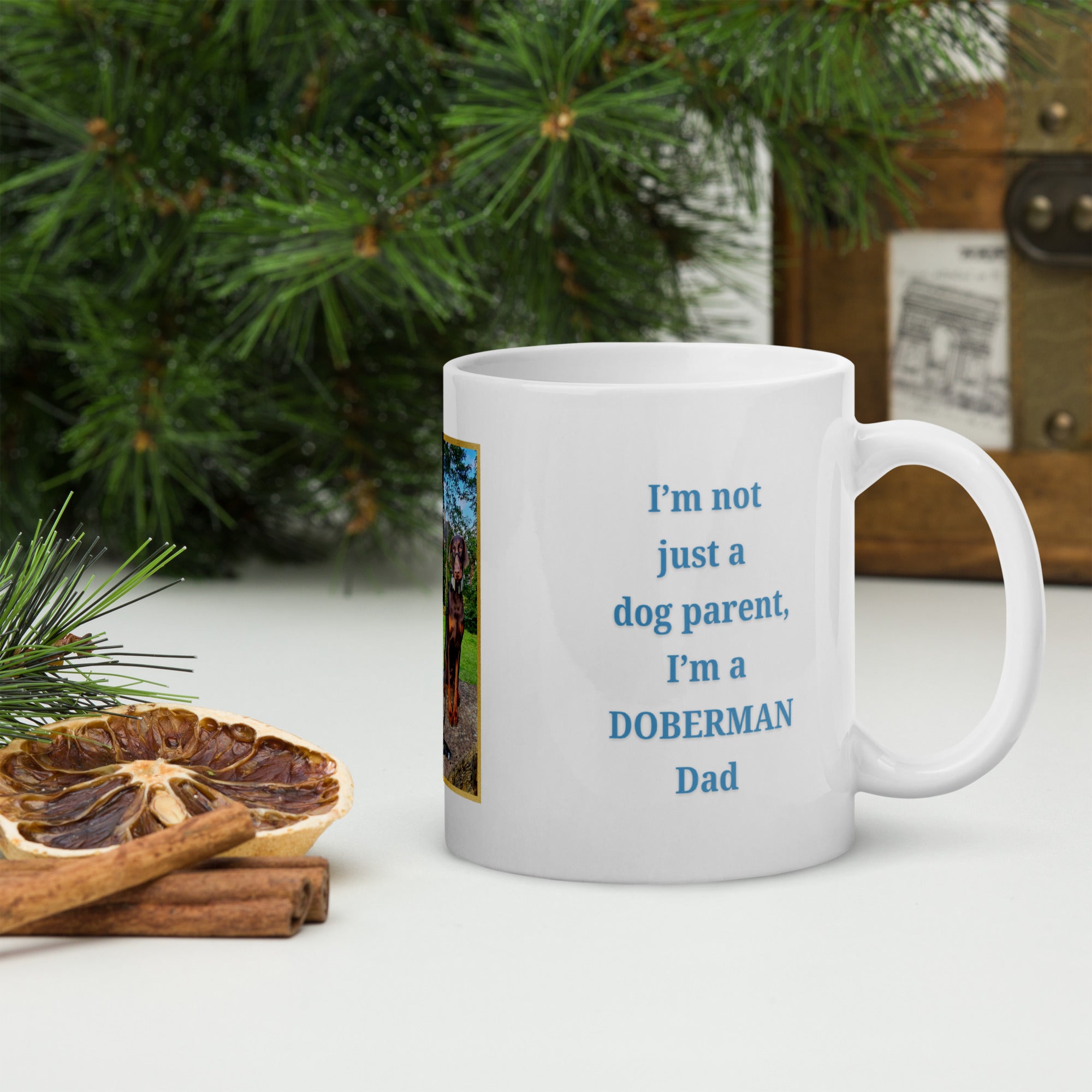Personalised white mug featuring blue “Dog Dad” text, a dog photo in a gold bordered frame, and the selected dog breed name underneath.