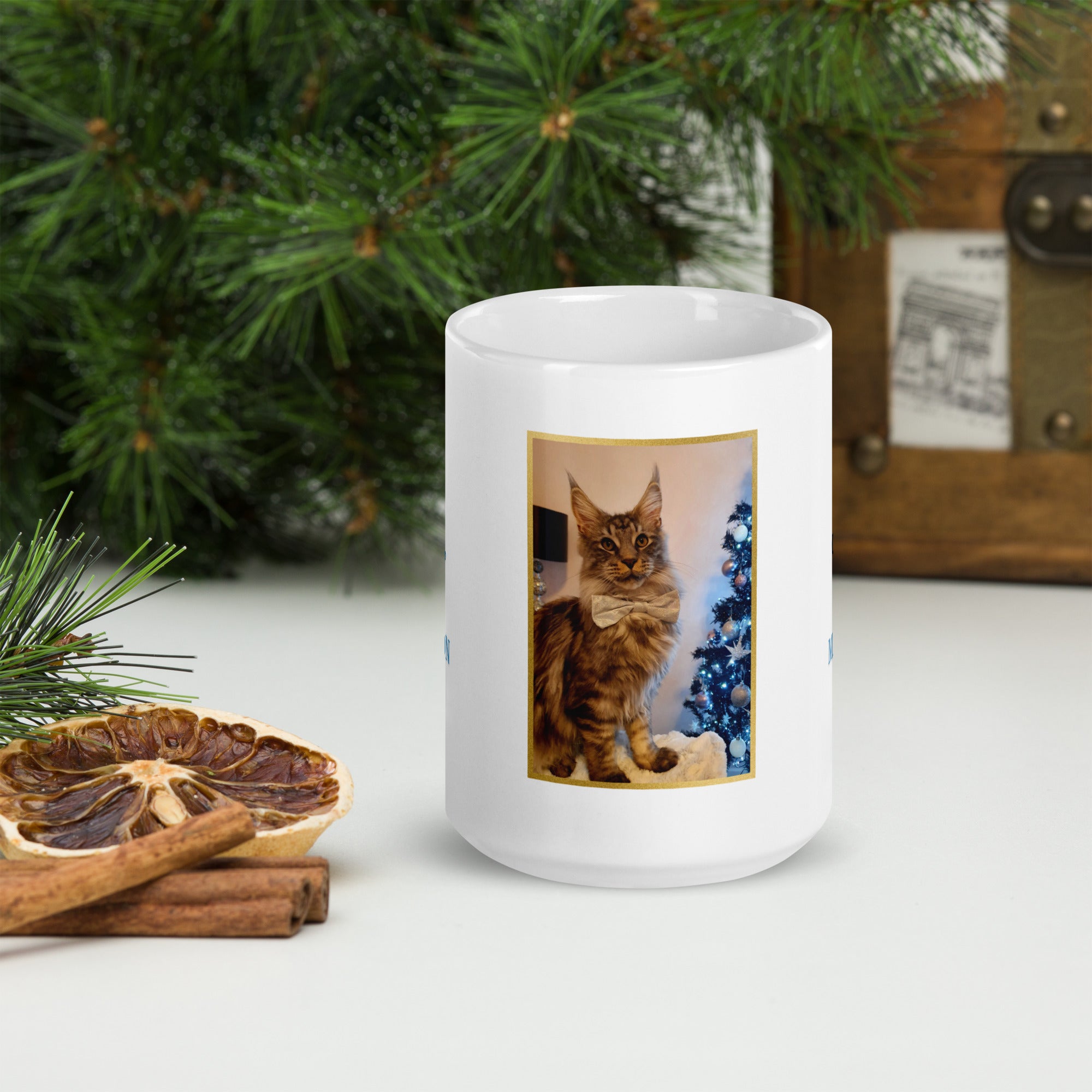 White mug featuring blue “Cat Dad” text, a custom cat photo framed in gold, and the personalised cat breed name 