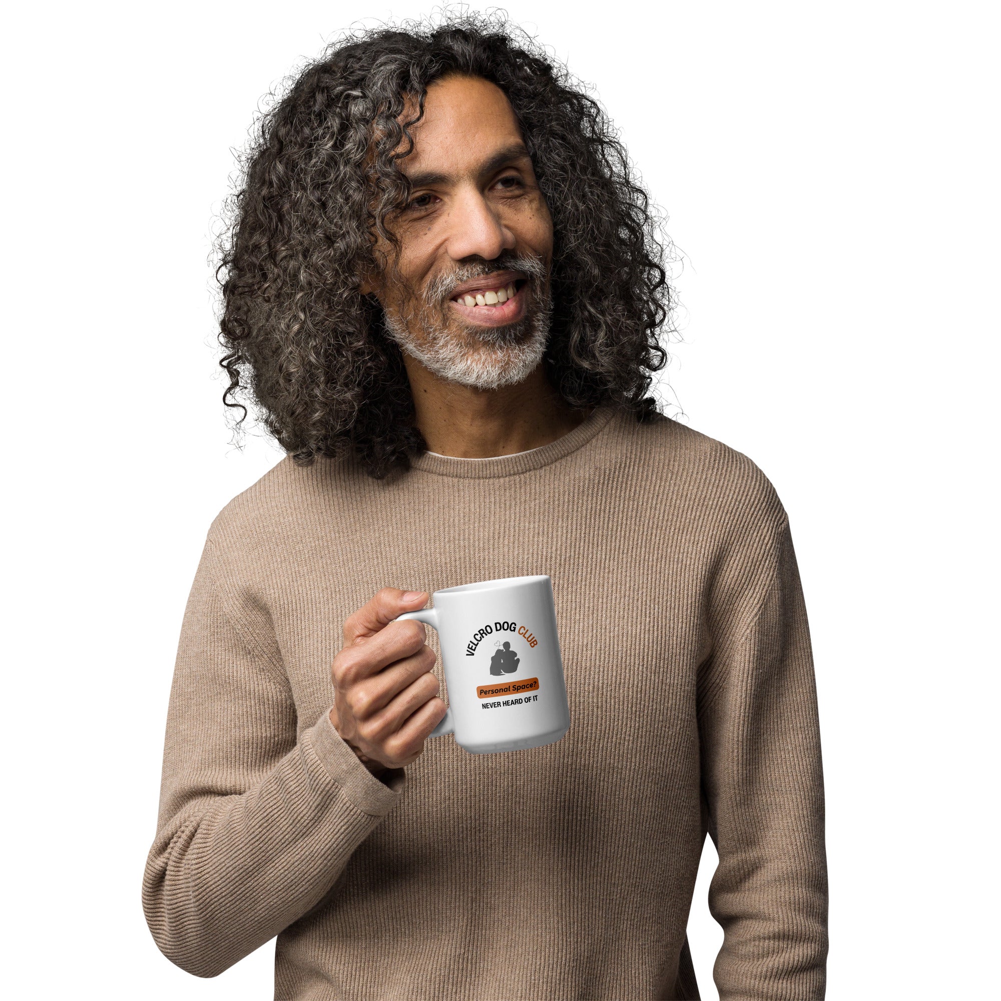 Man holding a mug with a logo and text on a white background