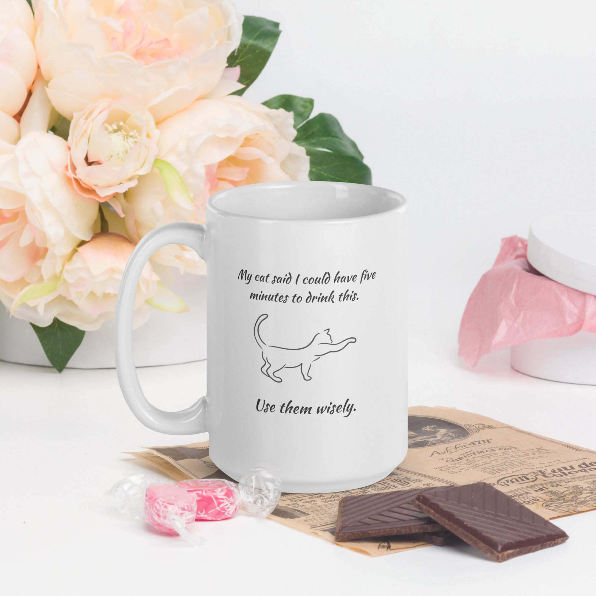 White ceramic mug with “My Cat Said I Could Have 5 Minutes” text and line-art cat, 15oz size