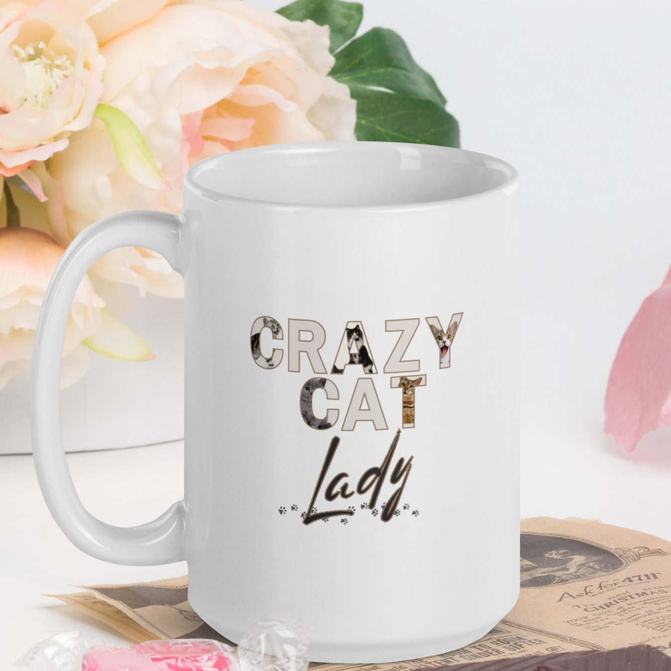 15oz white Crazy Cat Lady Mug featuring whimsical cat illustrations in the letters CRAZY CAT