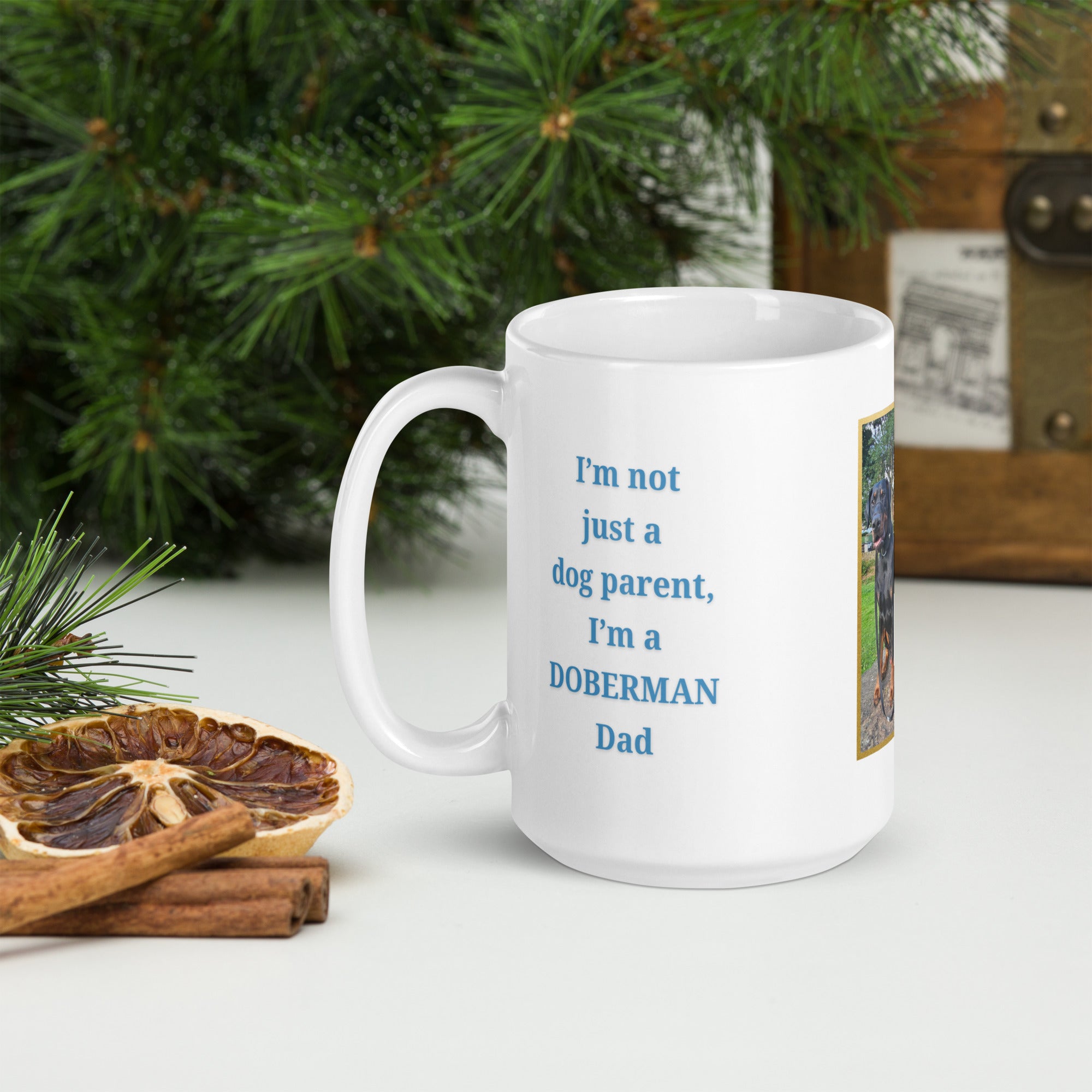 Personalised white mug featuring blue “Dog Dad” text, a dog photo in a gold bordered frame, and the selected dog breed name underneath.