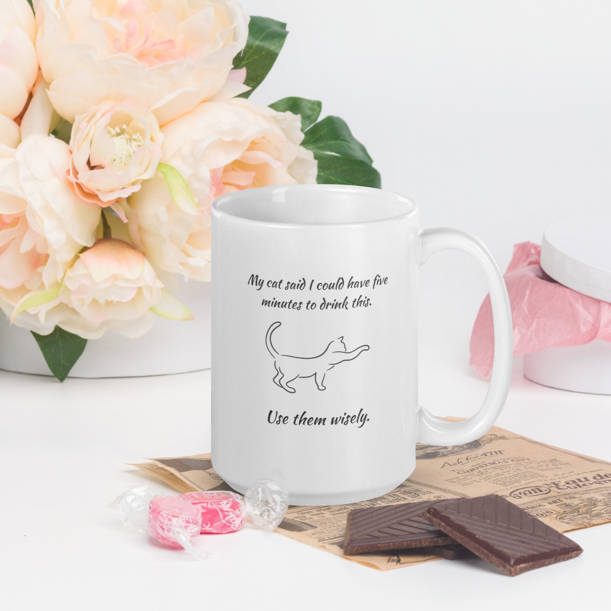 White ceramic mug with “My Cat Said I Could Have 5 Minutes” text and line-art cat, 11oz size