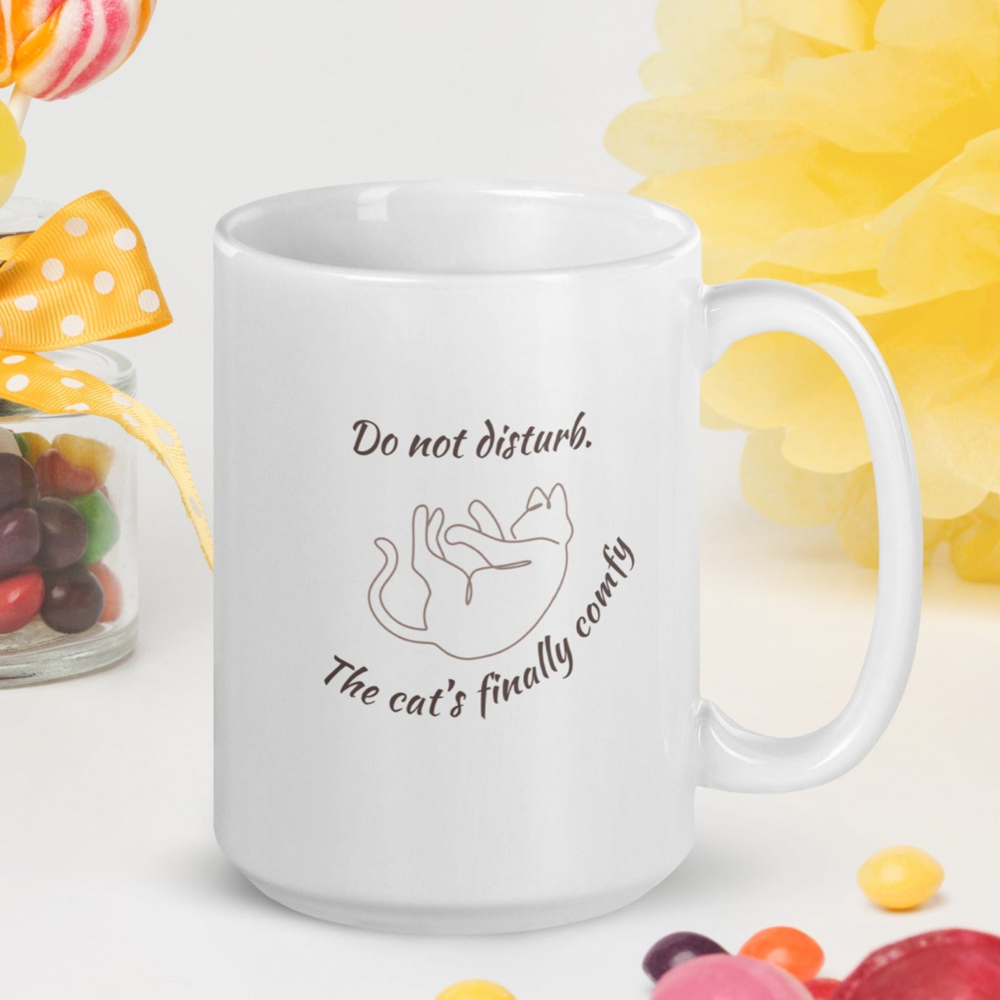 Close-up of line-art cat illustration on  15oz ceramic mug